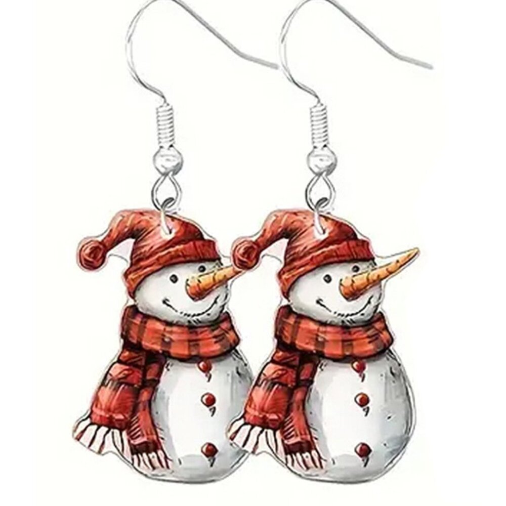 Snowman in plaid scarf Christmas Holiday Earrings
